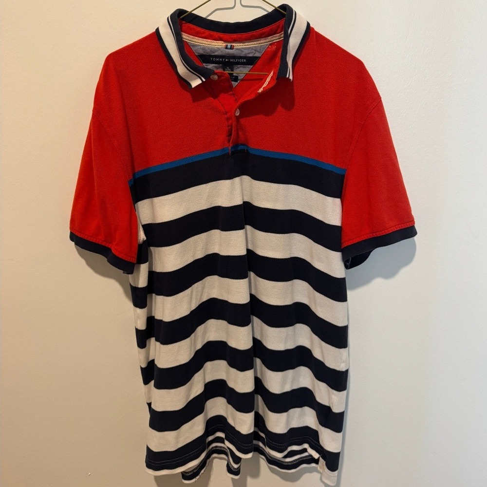 Tommy Hilfiger‎ Polo Shirt Mens XL Red Navy White Good Striped Custom Fit